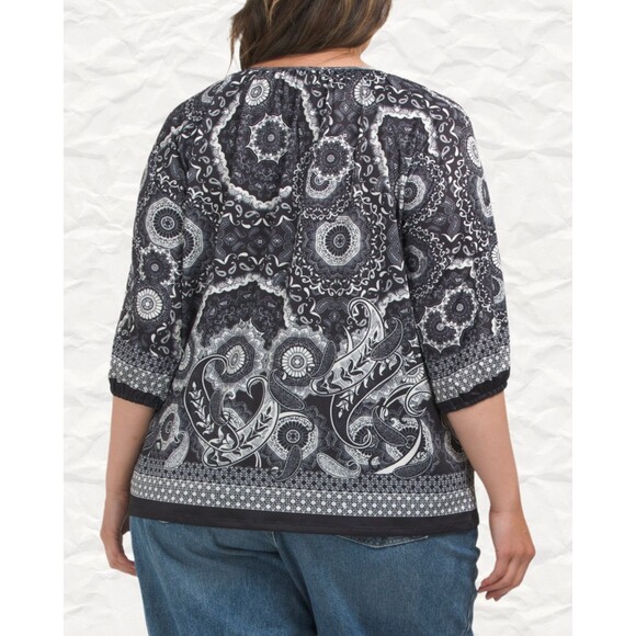SUNNY LEIGH Women’s Black/White Medallion 3/4 Sleeve Peasant Blouse Size 1X NWT - Picture 5 of 7